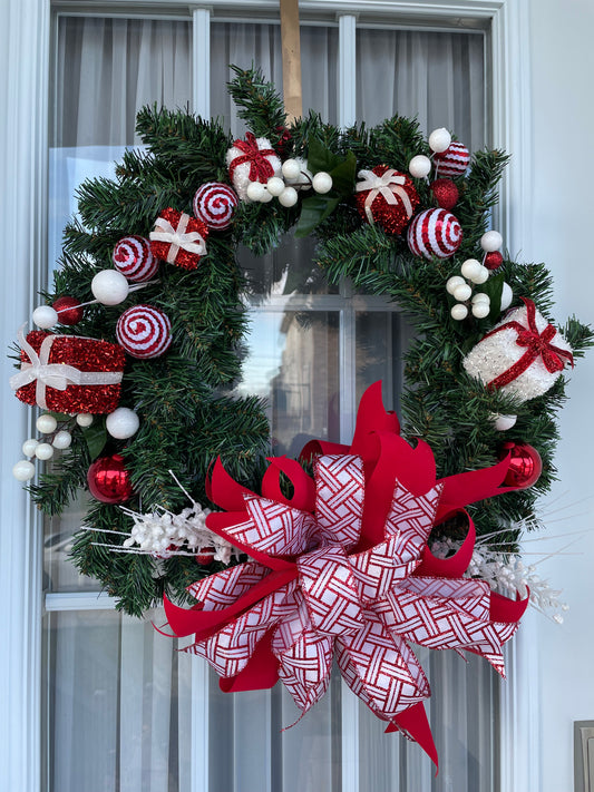 Couronne de Noel Boucle rouge & blanche