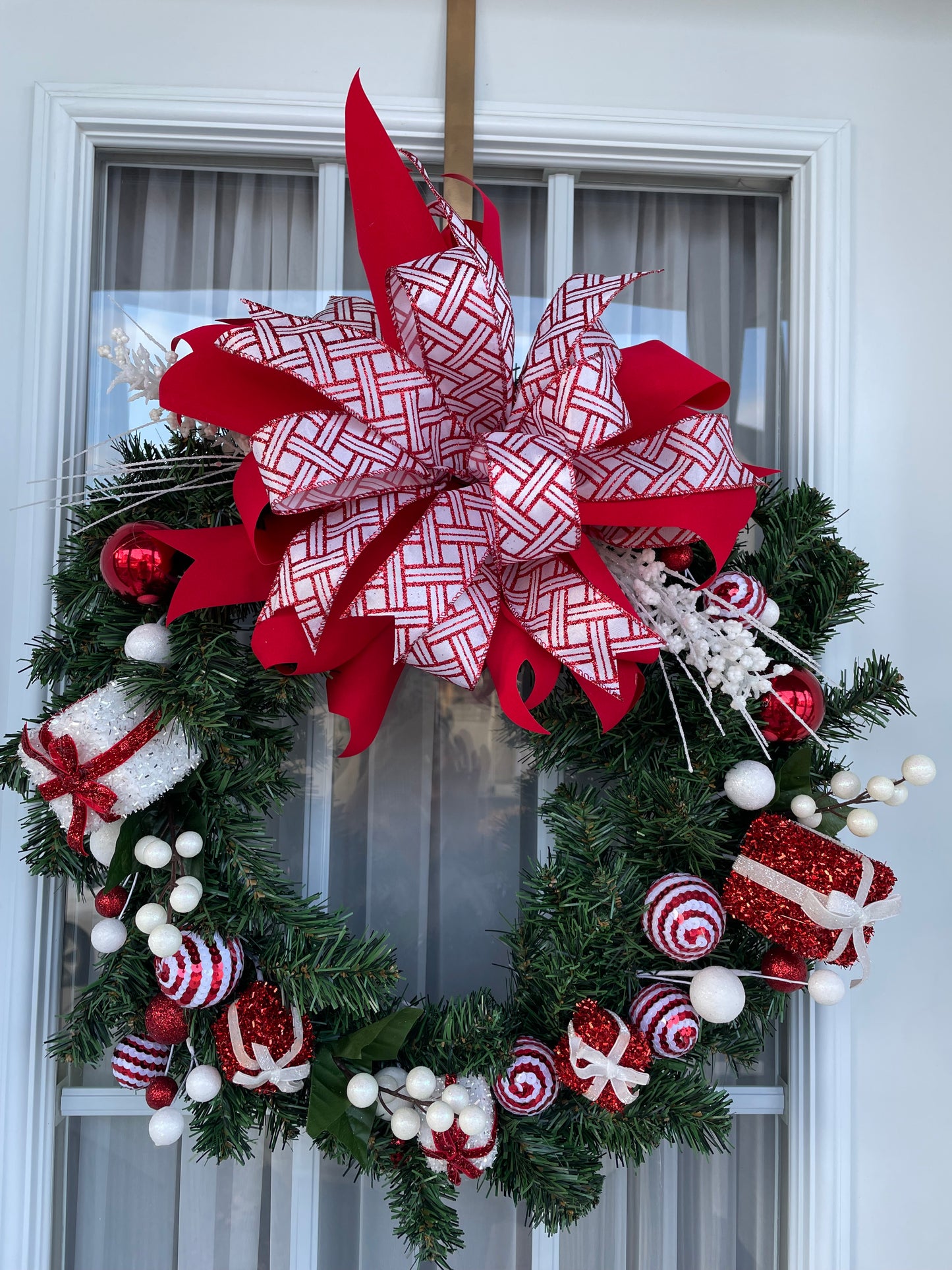 Couronne de Noel Boucle rouge & blanche